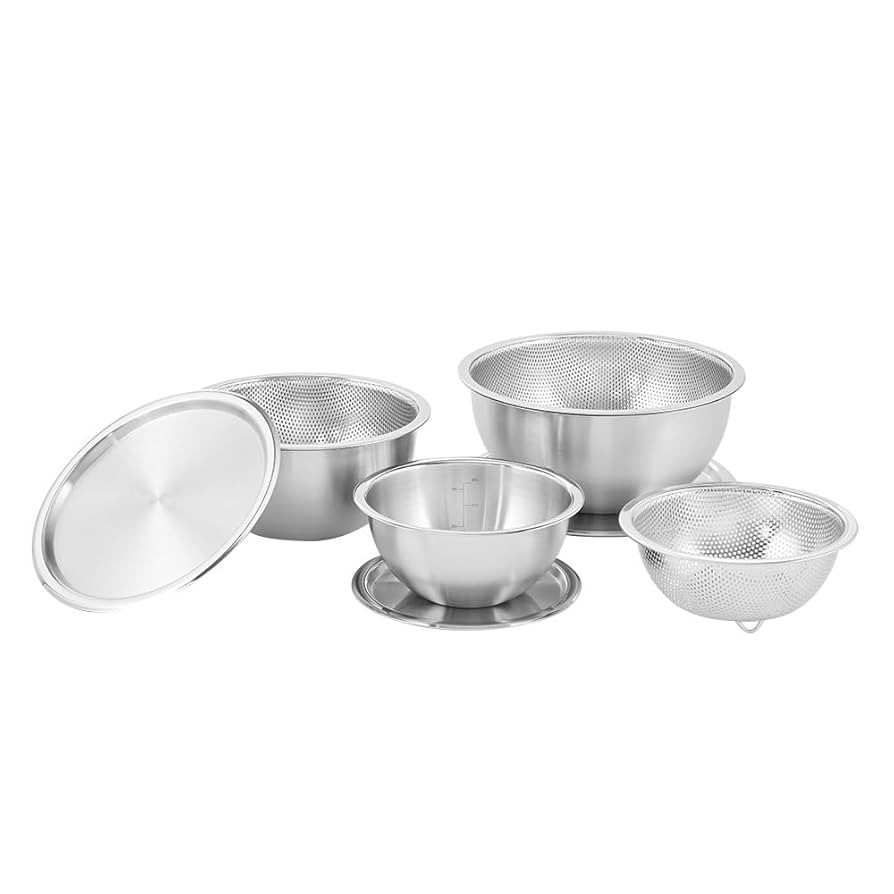 Mixing Bowl + Colander Stainless Steel Food Storage Containers with Lids Set 3 Bowls 3 Lids 3 Col... | Amazon (US)