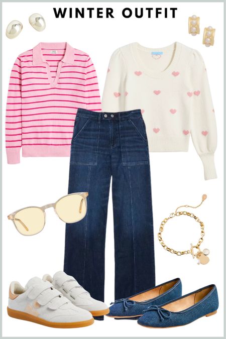 Winter outfit, Valentines outfit, date night, weekend outfit, casual jeans // Valentines top, striped sweater, wide leg jeans, readers, charm bracelet, pearl earrings, white runners, ballet flats 

#LTKover40 #LTKSeasonal #LTKfindsunder100