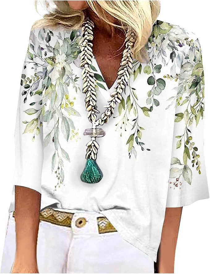 Casual Trendy Tops for Women 3/4 Sleeve Shirts Lace V Neck Dressy Tops Trendy Fall Floral Blouses | Amazon (US)