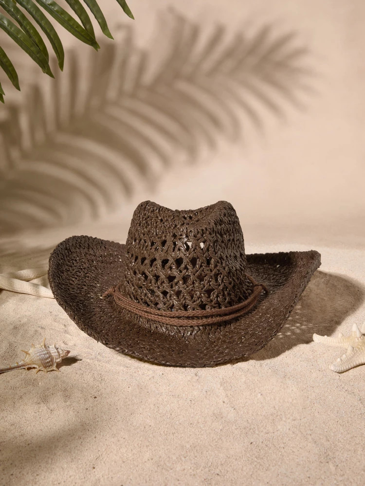 Tropiscape 1pc Vintage Hollow Brim Wide Brim Straw Hat, Unisex Outdoor Travel Beach Sun Hat, Hand... | SHEIN