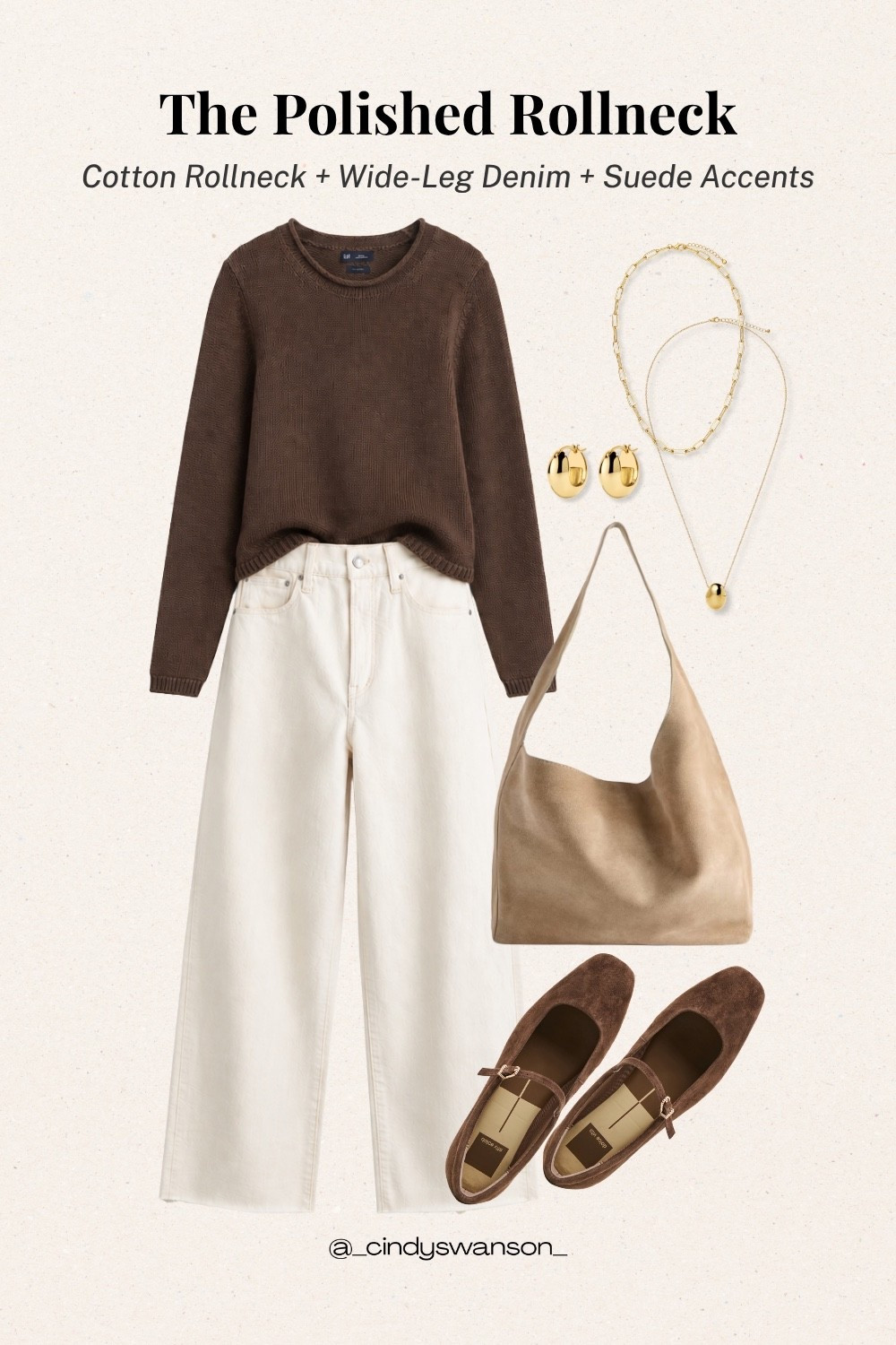 A rich chocolate cotton rollneck with ivory wide-leg denim is such a simple, timeless combination. I love how the suede Mary Jane flats and neutral shoulder bag add warmth and texture while keeping the whole look comfortable and polished.

💡 LTK MADE EASY
❤️ Heart = Support my posts!
🔖 Save = Get sale & restock alerts
📋 Lists = Keep favorites organized
📲 Share = Send lists and products to a friend. Hello, Christmas List!
💬 Comment = Ask me anything about what I’m wearing.:-)

#LTKootd #LTKOver40 #LTKSeasonal