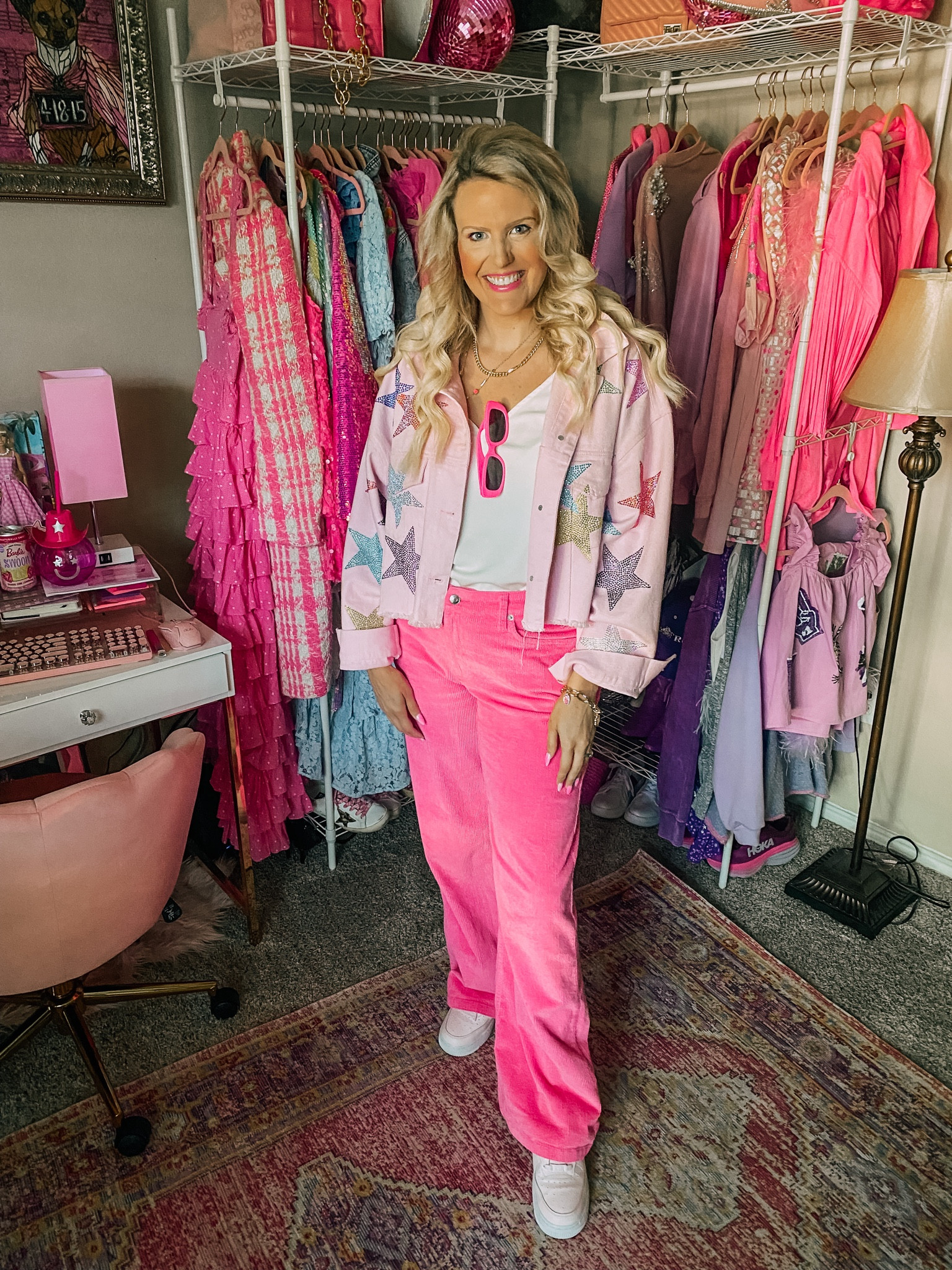  Casual work outfit 
Nordstrom sale 
Pink corduroy flare jeans 
Pink Nike Air Force ones 
White camisole
Star pink denim jacket
Barbie jewelry 
Fall outfit


#LTKxNSale #LTKsalealert #LTKBacktoSchool