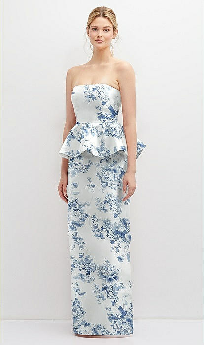 Floral Strapless Satin Maxi Dress with Cascade Ruffle Peplum Detail in Cottage Rose Larkspur | The Dessy Group