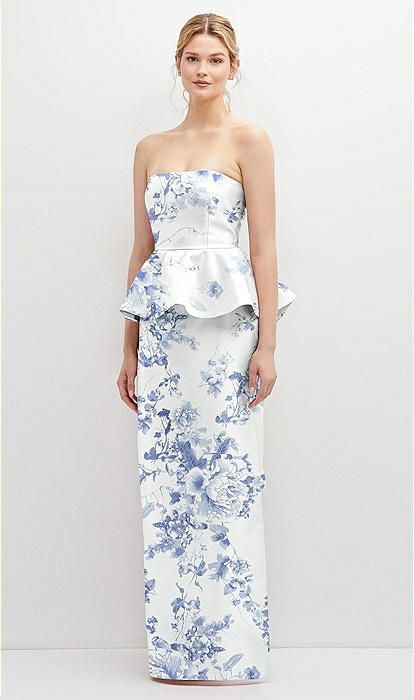 Floral Strapless Satin Maxi Dress with Cascade Ruffle Peplum Detail in Cottage Rose Larkspur | The Dessy Group