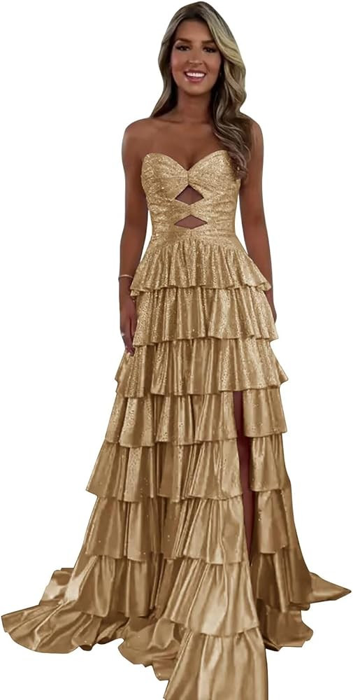 Sonlay Layered Strapless Prom Dresses for Women Sparkly Evening Gown with Slit Long Formal Dress | Amazon (US)