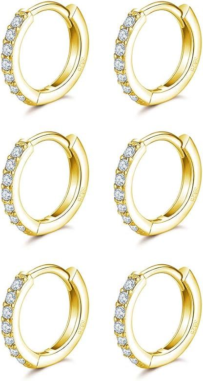 3 Pairs Sterling Silver Small Hoop Earrings Tiny Cartilage Earring Cubic Zirconia Cuff Huggie Ear... | Amazon (US)