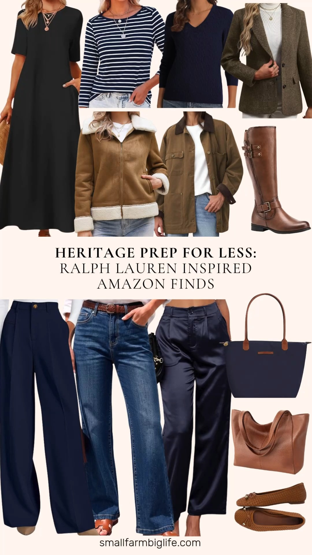 Heritage Prep for Less: Ralph Lauren Inspired Amazon Finds 🍂 Get the classic, polished look of Ralph Lauren's fall collection with these affordable Amazon finds in navy, cognac, and rich brown. Start with timeless layers like a brown wool blend tweed herringbone blazer, a brown utility barn jacket with a corduroy collar, and a brown faux suede sherpa lined jacket for chilly days. A navy cable knit sweater and a navy and white striped boat neck top are preppy basics that pair perfectly with navy tailored wide leg pants or dark wash high waisted wide leg jeans. For dressier moments, try dark navy satin wide leg pants or a black crew neck maxi T shirt dress. Finish the look with cognac knee high buckle riding boots or cognac woven ballet flats, plus a cognac genuine leather tote or a navy nylon tote. This heritage prep look for less is perfect for business casual workwear and fall outfits for women over 50 and beyond!

#amazonfashion #amazonfinds #lookforless #heritageprep #oldmoneystyle 

 #LTKootd #LTKOver40 #LTKWorkwear