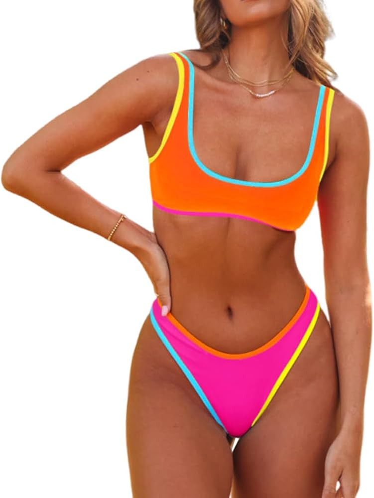 SherryDC Women's Sexy Scoop Neck Bikini Sets Color Block High Cut Thong Brazilian Two Pieces Swim... | Amazon (US)
