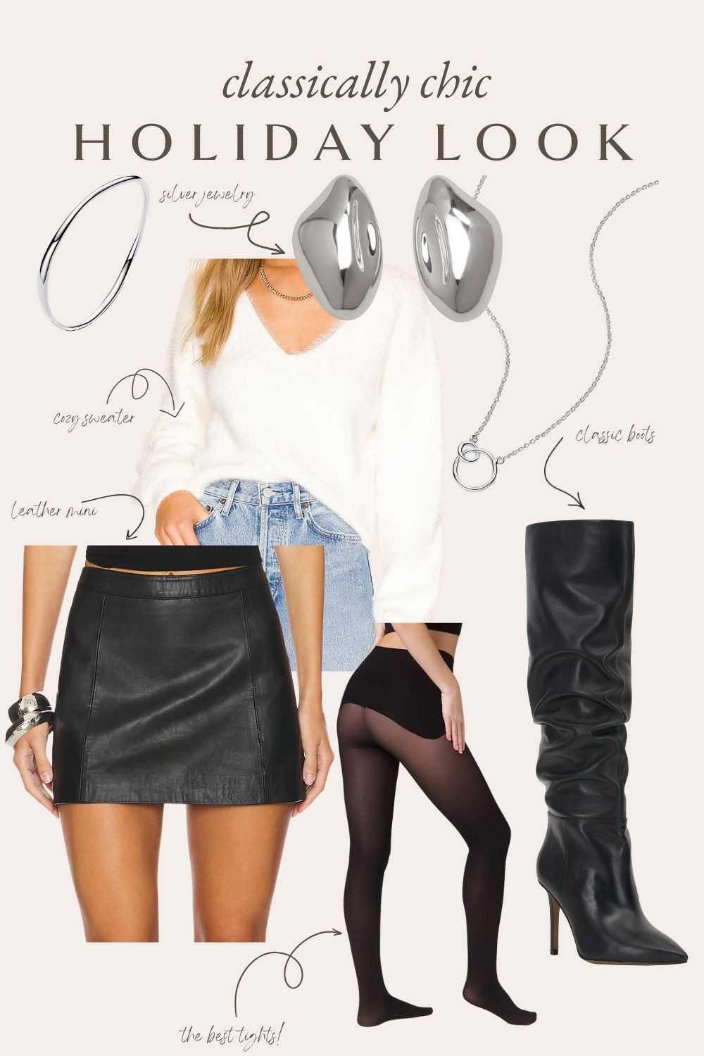 chic classic holiday look, leather mini skirt, silver earrings, silver necklace, silver bracelet, leather boots, party outfit 

 #LTKHoliday #LTKootd #LTKSeasonal