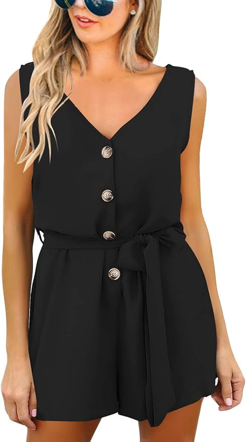 luvamia Women's Casual Short Sleeve Belted Overlay Keyhole Back Jumpsuits Romper | Amazon (US)