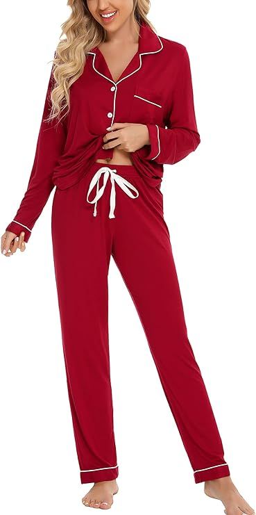 Leikar Button Up Pajama Set For Women Long Sleeve Shirt and Pajama Pants Soft Pjs Lounge Sets S-X... | Amazon (US)
