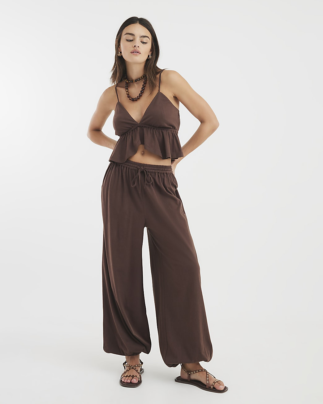Brown Balloon Trousers and Cami Top Set | River Island UK & IE