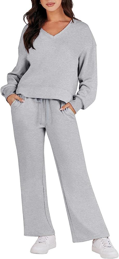 Caracilia Women's Two Piece Outfits Matching Sets Long Sleeve Pullover Tops and Wide Leg Pants Tr... | Amazon (US)