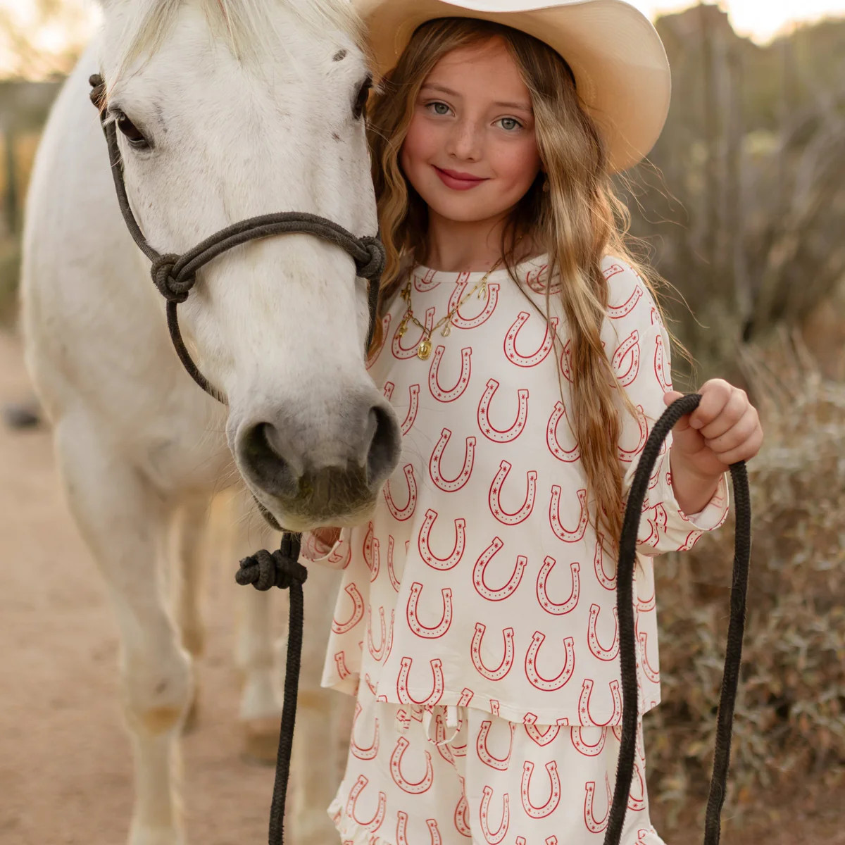 Girl's Long Sleeve and Ruffle Shorts Set in Horseshoe | Silks Design