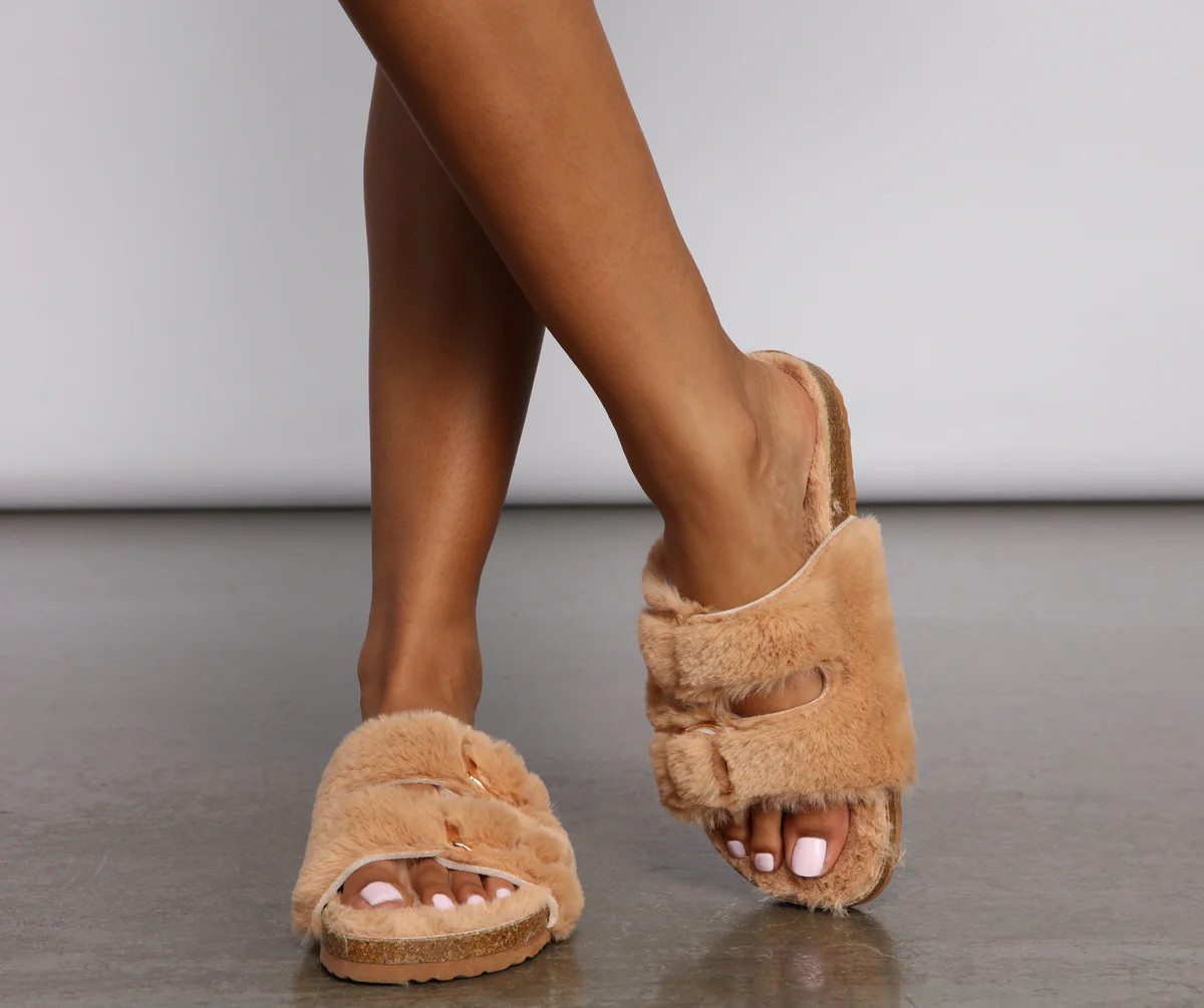 Double Buckle Faux Fur Slippers | Windsor Stores