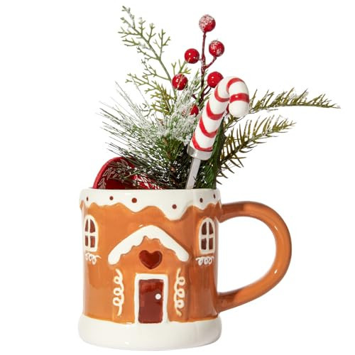 WDS WONDROUS Gingerbread House Mug Set Christmas Coffee Mugs with Socks, Coaster, Spoon, Greeting Card & Red Berry Artificial Pine Stems, Cute Xmas Ceramic Cup Gift for Women, Boys Girls | Amazon (US)