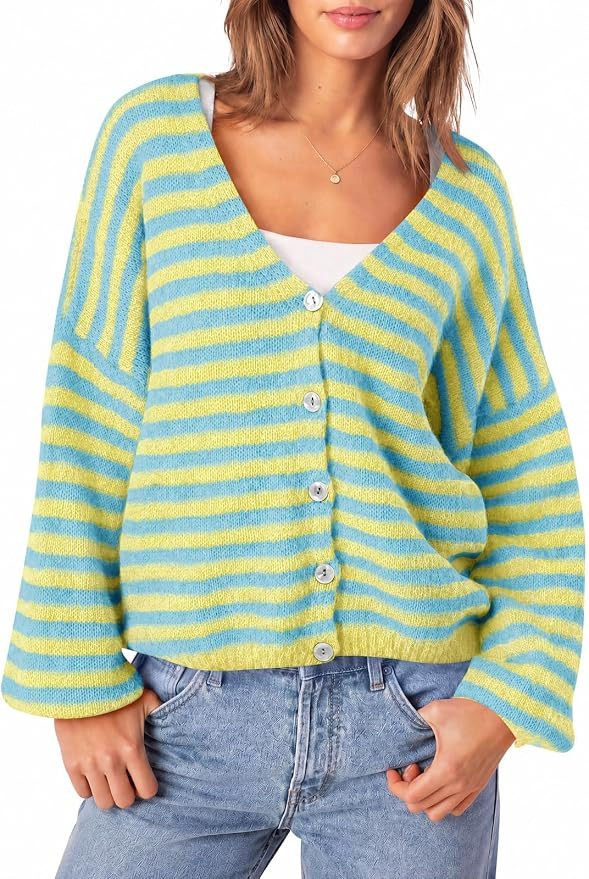 Saodimallsu Womens Oversized Striped Cardigan Fall Trendy V Neck Sweaters | Lantern Long Sleeve,L... | Amazon (US)