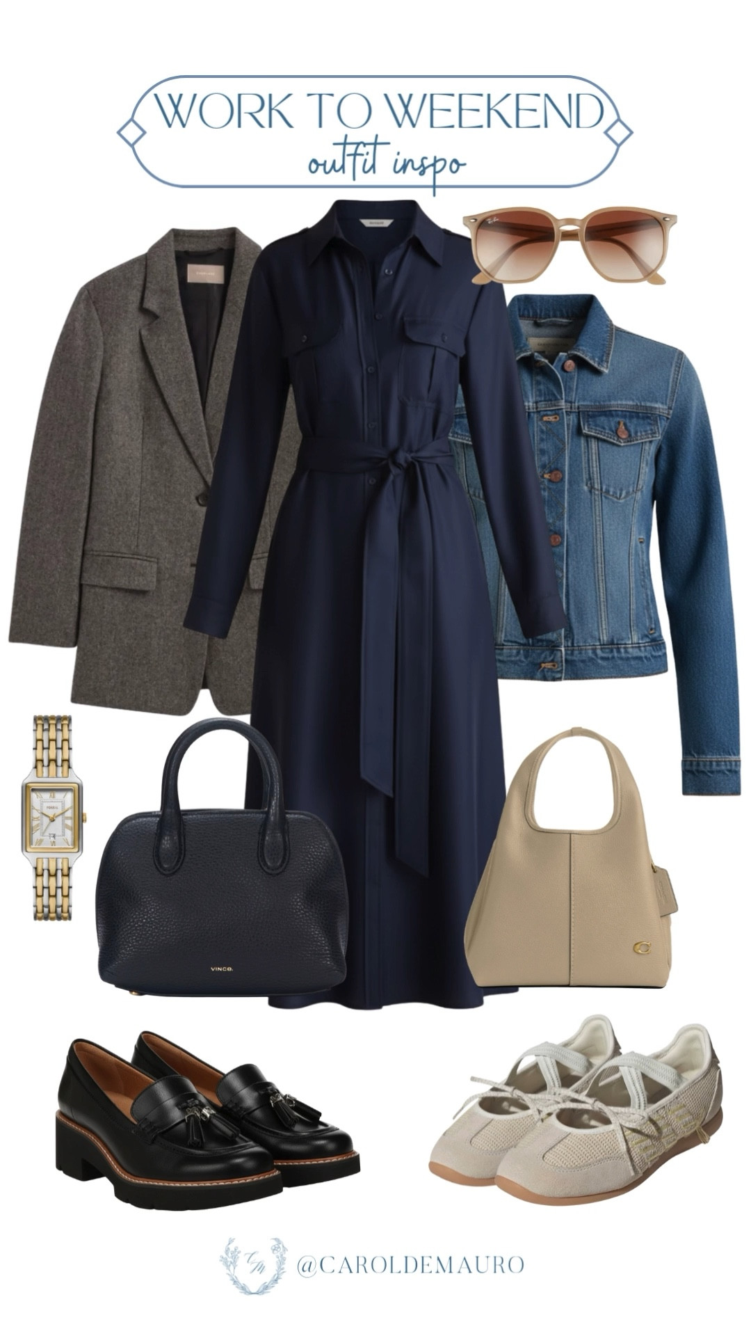Here's an easy and chic outfit you can wear from your 9-to-5 to the weekends! Style a navy blue belted dress with a plaid blazer for work and wear it as is with a pair of denim jacket on the weekends.

office look, formal wear, business casual, fashion accessories, city stroll, brunch outfit, off duty style shirtdress

#LTKSeasonal #LTKU #LTKWorkwear