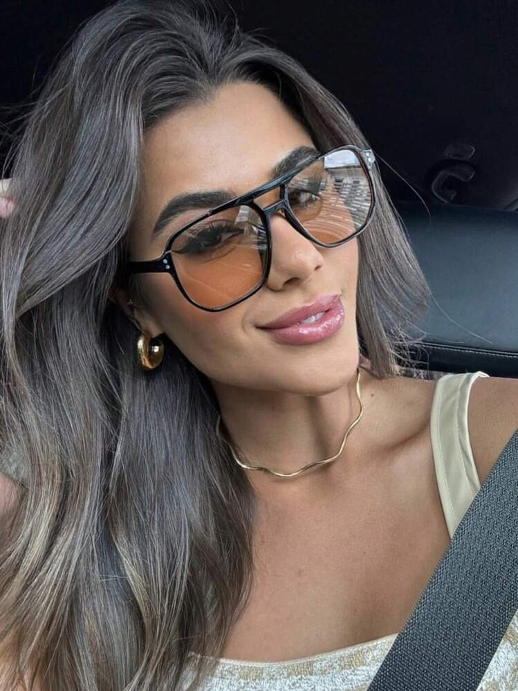 1pc Women's Large Square Frame Fashion Glasses With Rivets, Street Fashion Eyewear For Daily Wear And Vacation For Summer Beach Vacation,Outdoor,Travel | SHEIN