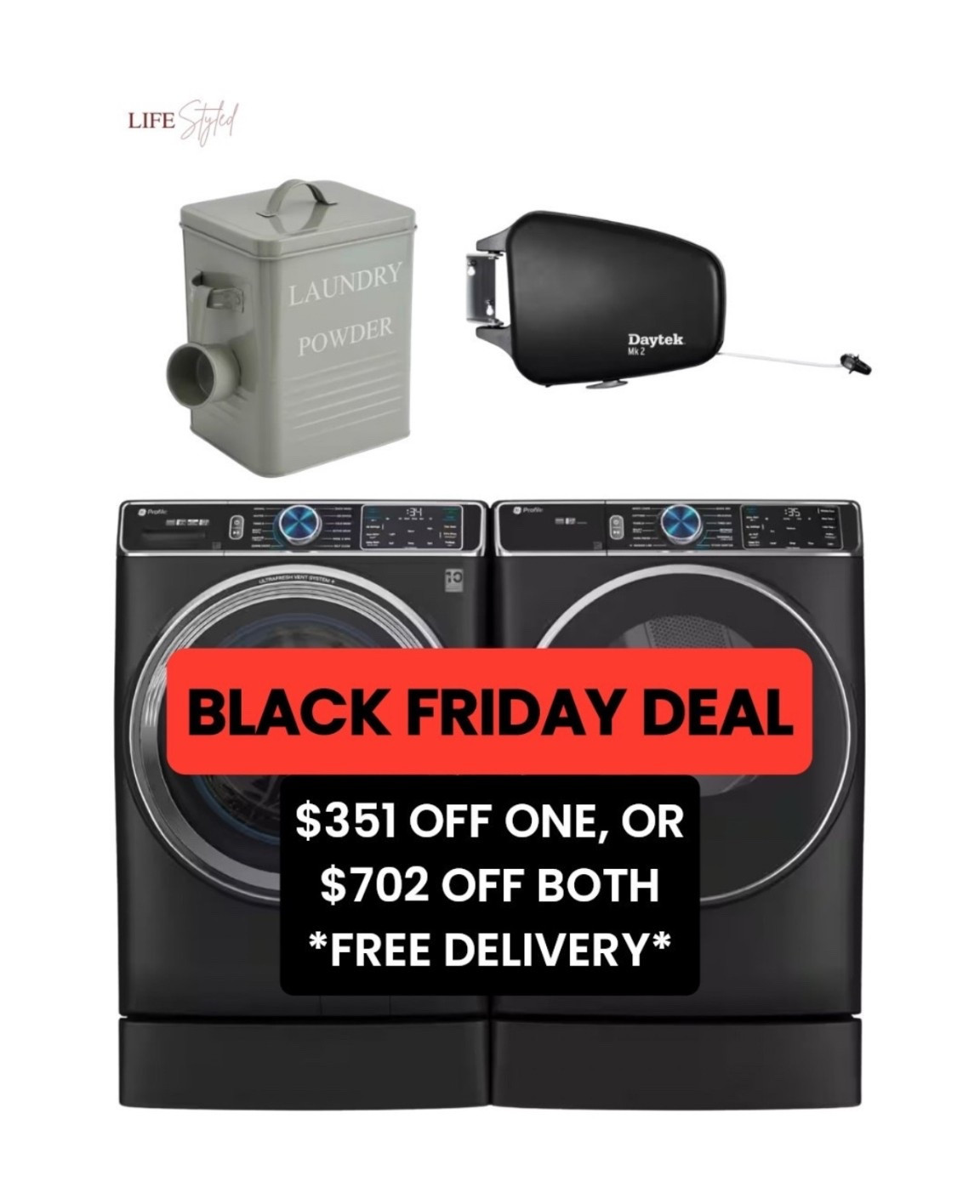 BLACK FRIDAY DEAL! $351.00 OFF one, or bundle & save $702 on both the washer and dryer! 

Laundry just leveled up! 🧺💕 Black Friday deals on a washer + dryer, plus pedestals and all the little essentials — retractable dryer line, powder soap container, and more! Who knew laundry day could feel this satisfying? 😍✨

#LTKGiftGuide #LTKSaleAlert #LTKCyberWeek