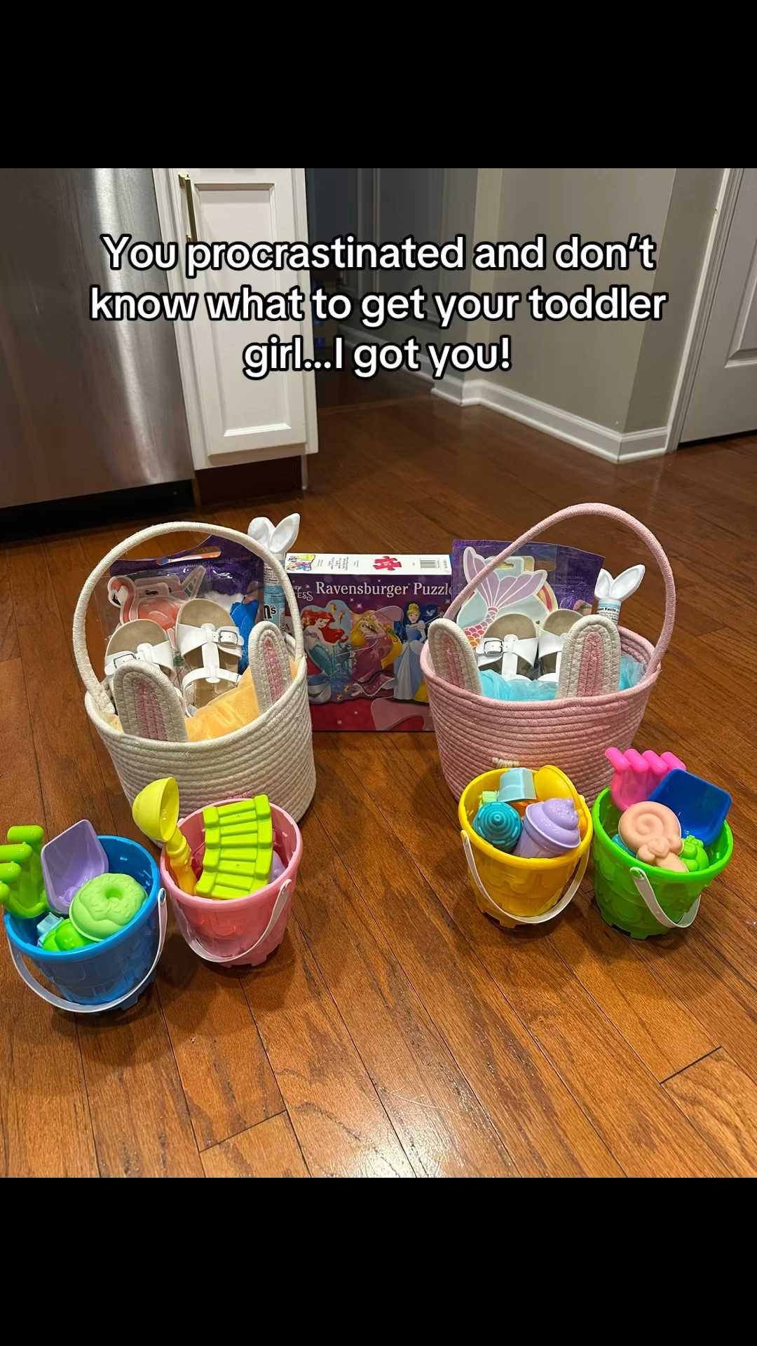 Last-minute Easter basket ideas for toddler girls 🐰🌷
If you waited until the last minute… this is your sign it can still be cute + easy.

I kept it super simple with things they’ll actually use:
– sandcastle toys + kinetic sand
– a cute pair of sandals
– a princess puzzle
– a Disney princess dress (this was their favorite)

Nothing overdone, just fun little things they’ll be excited about 🤍