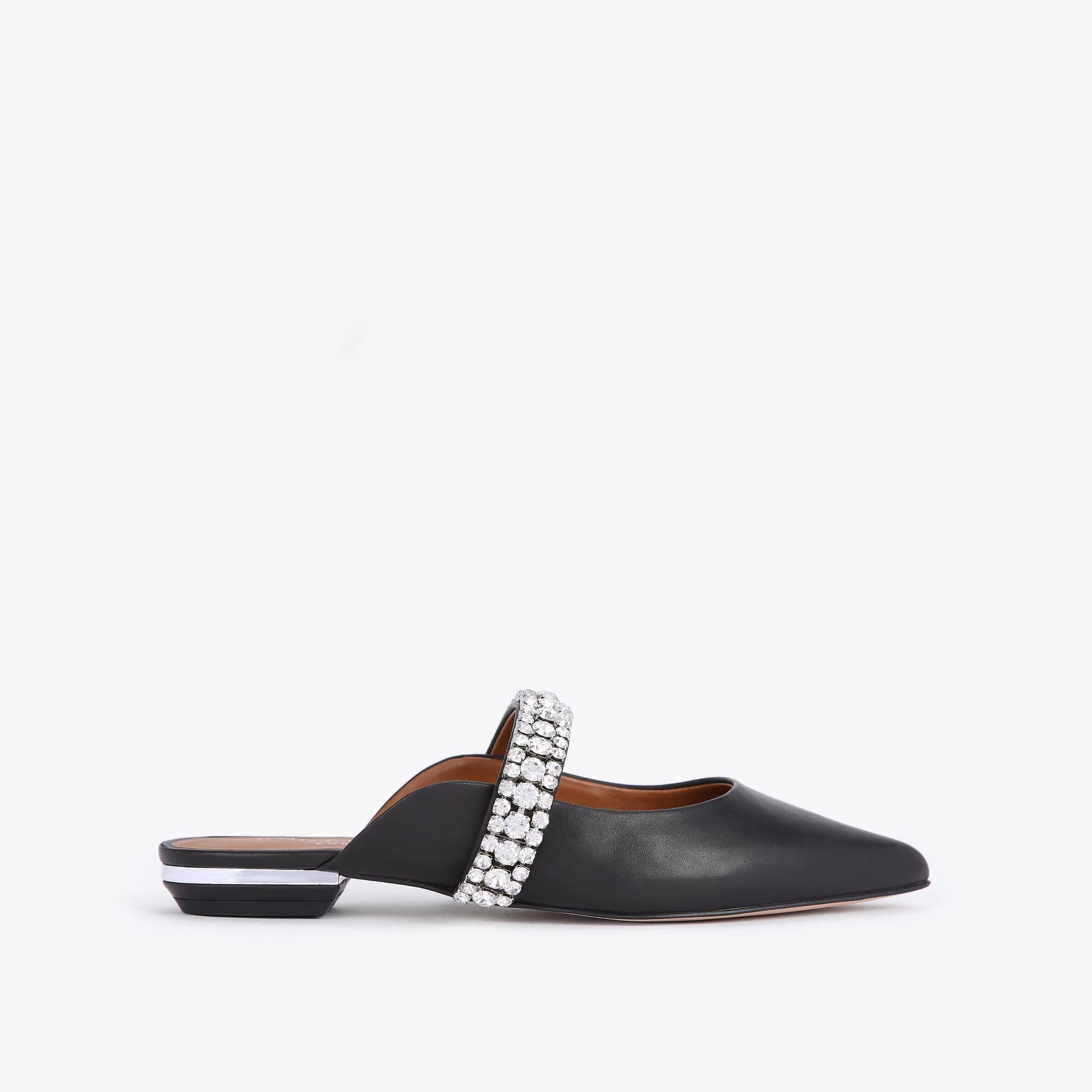 PRINCELY Black Leather Crystal Strap Flat Mules by KURT GEIGER LONDON | Kurt Geiger (Global)