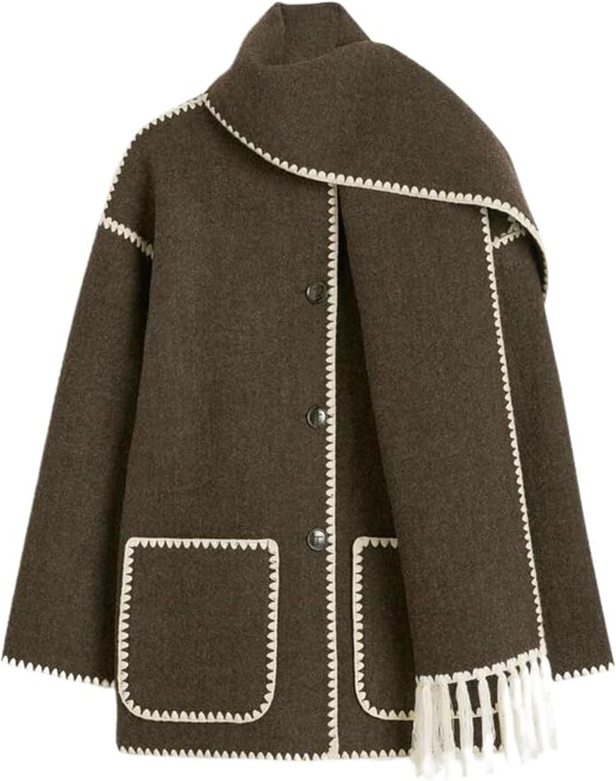 LTSCNRM Women's Oversized Collarless Wool Coat Jacket Removable Fringe Scarf Casual Fall Winter P... | Amazon (US)
