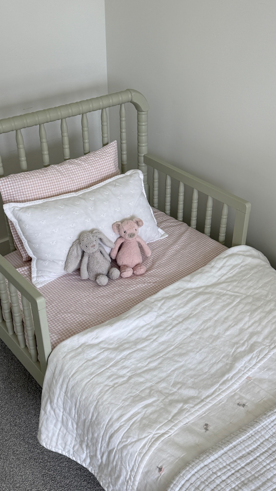 Toddler bed we found on fb marketplace and painted grassland by sherwin williams! Bedding is so perfect have used for both girls.

#LTKKids