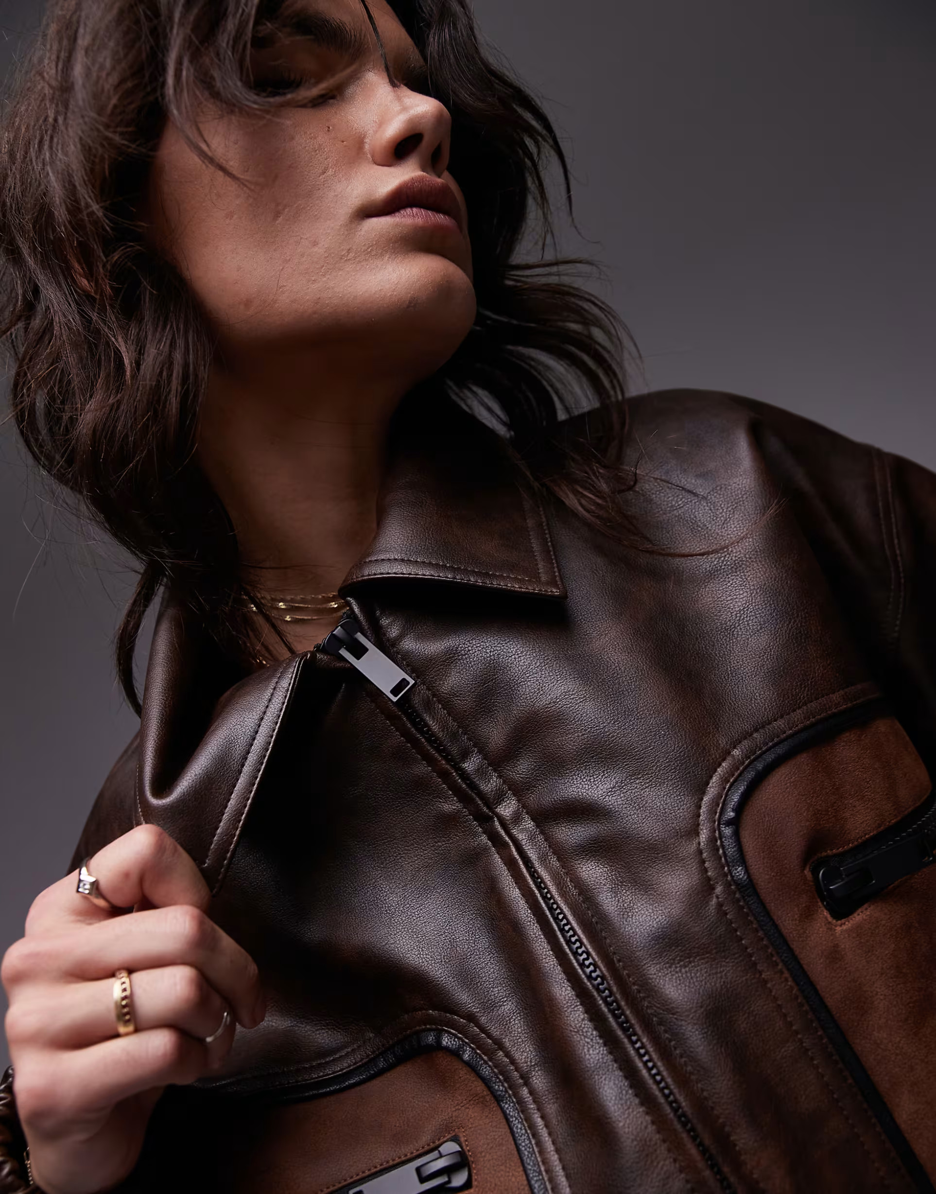 Topshop contrast seam detail faux leather jacket in multi | ASOS (Global)