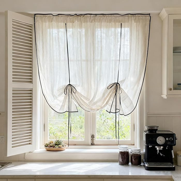 1 Panel Vintage Stripe Tie Up Curtain Valance for Kitchen Light Filtering Half Window Curtain Adj... | Amazon (US)