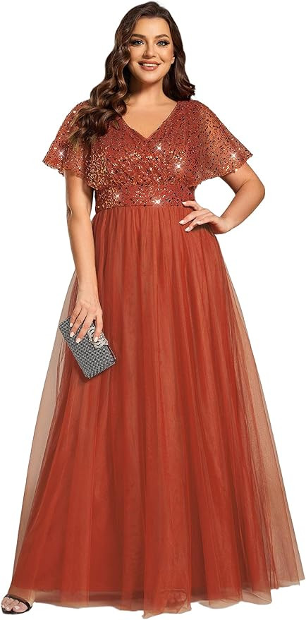 Ever-Pretty Plus Women's V Neck Curvy Short Sleeves A Line Sequin Plus Size Formal Evening Dresse... | Amazon (US)