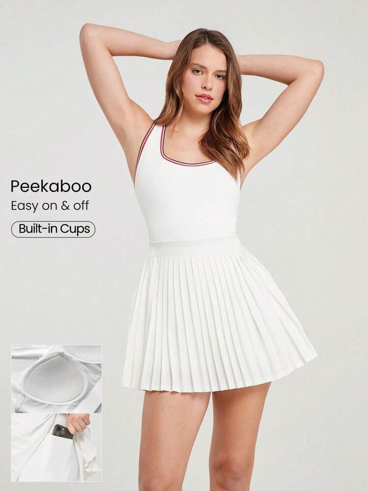 GLOWMODE Quick-Dry Tennis Built-In Cups Pleated Peekaboo Elasticized Waist Dress With Built-In Shorts Side Pockets Low Impact Running Training Workout Gym | SHEIN