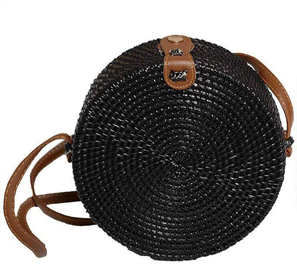 Handwoven Round Rattan Straw Bag for Women Shoulder Leather Button Straps Natural Chic Handmade B... | Amazon (US)