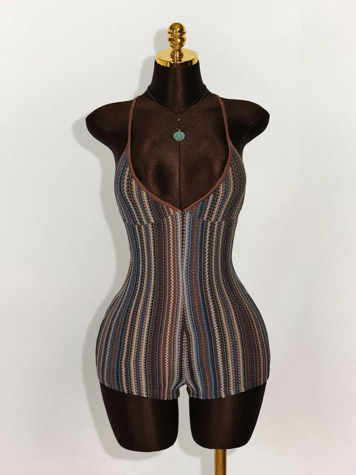 Amplova Summer Outfits For Women Vacation Coachella Spaghetti Strap Triangle Cup Textured Bohemian Style Backless Criss-Cross Strap Bodycon Romper | SHEIN