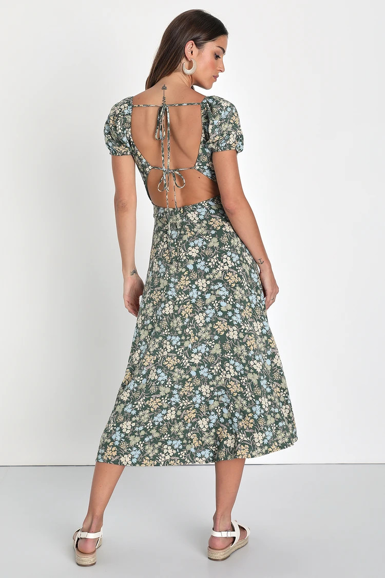 Meadow Muse Green Floral Tie-Back Puff Sleeve Midi Dress | Lulus