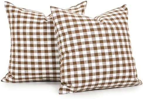 Farmhouse Brown Gingham Plaid Throw Pillow Covers 18x18, Cottage Core Decor | Amazon (US)