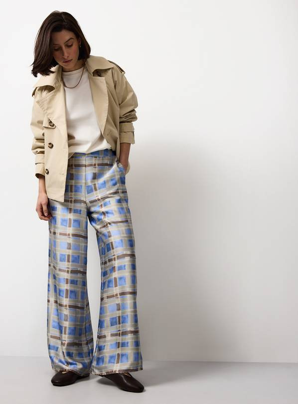 Blue Checked Balloon Ultra Wide Leg Satin Trousers 18 | Tu Clothing