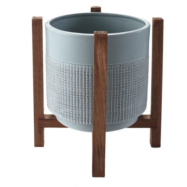 Lakeside Ceramic Planter on Wood Stand - Indoor/Outdoor Decorative Pot | Target