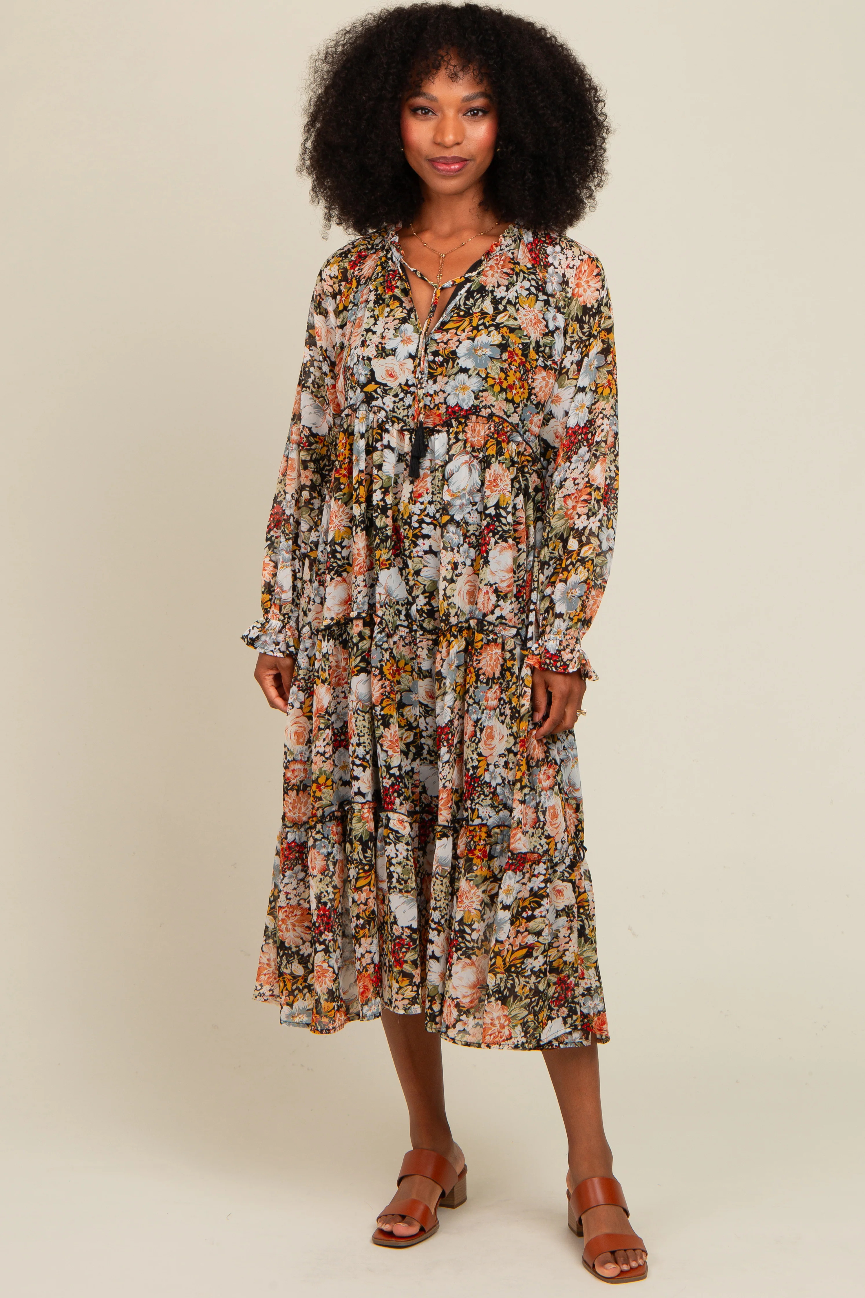 Black Floral Chiffon Front Tassel Tie Midi Dress | PinkBlush Maternity