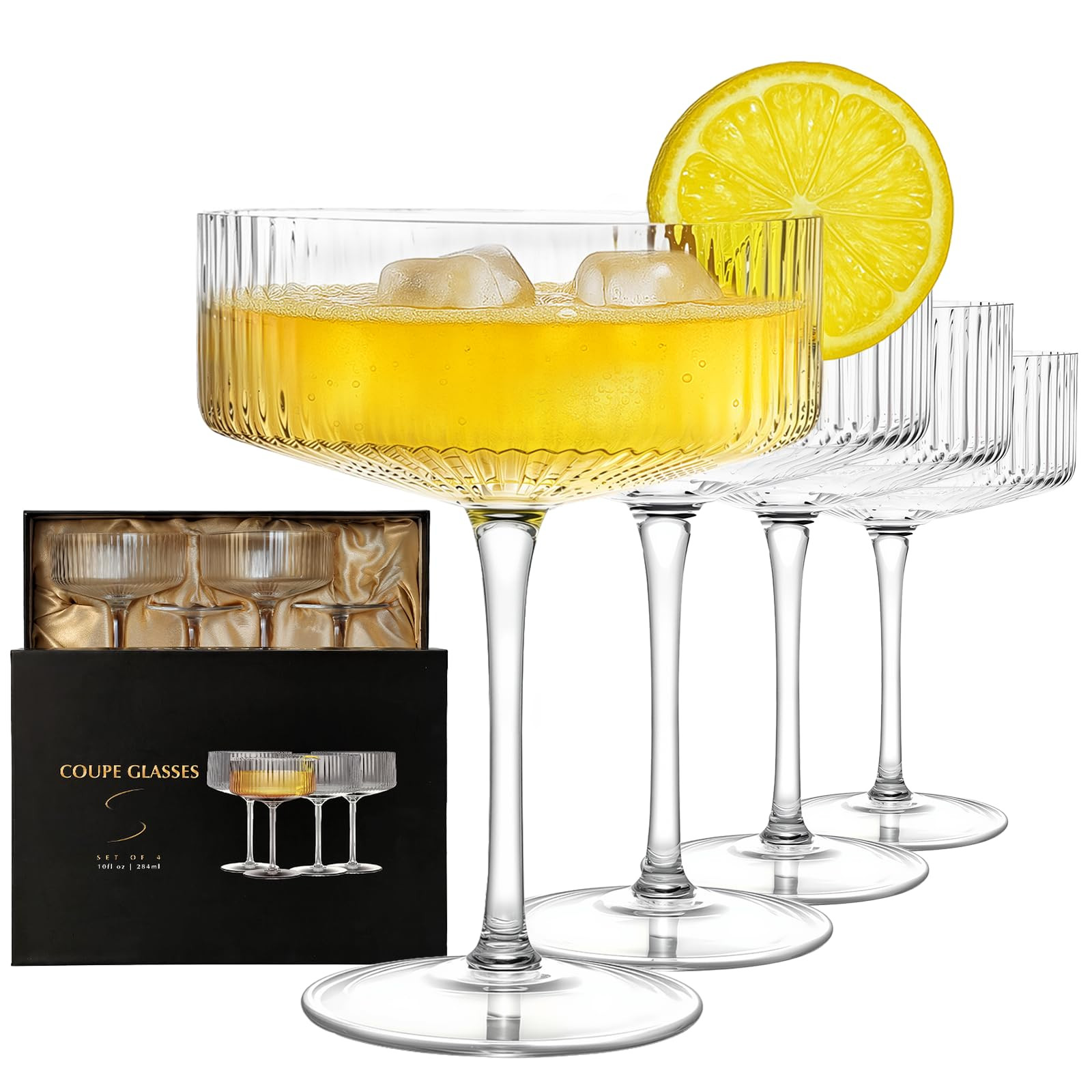 4 Pcs Coupe Glasses, Hand Blown 10 oz Cocktail Glasses, Ribbed Martini Glasses, Gift Boxed Drinki... | Amazon (US)