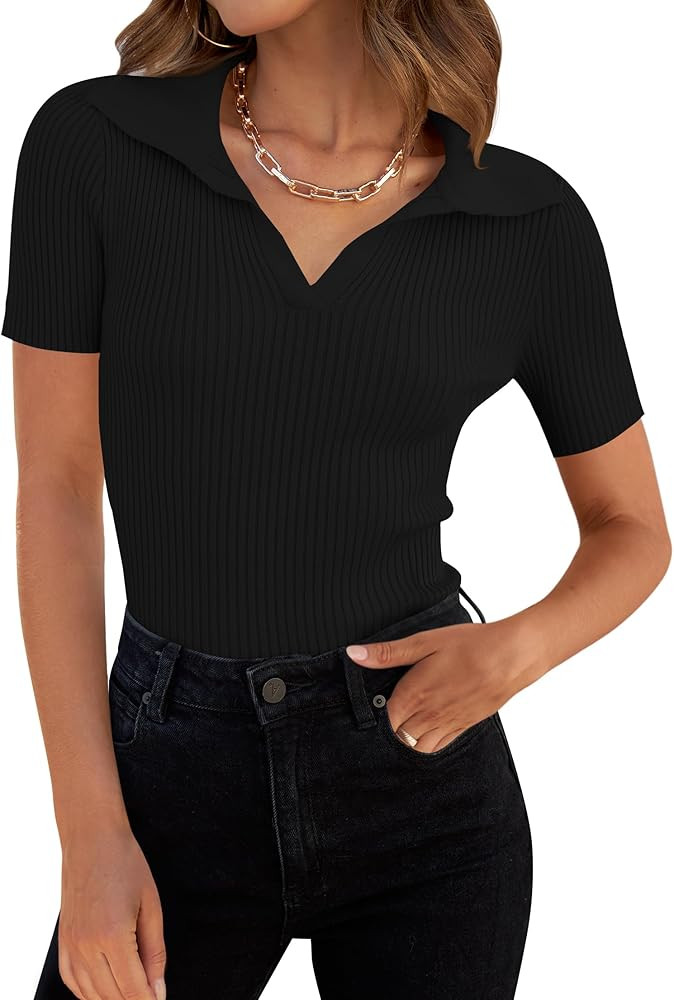 ZESICA Women's Short Sleeve V Neck T Shirts 2024 Summer Ribbed Knit Slim Fitted Basic Solid Color... | Amazon (US)