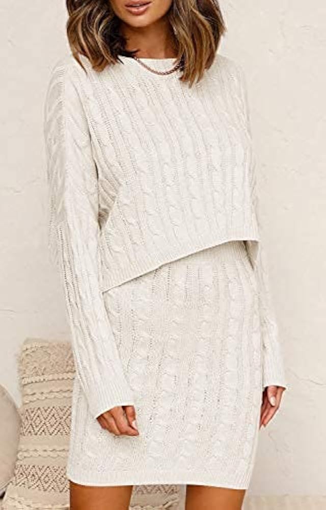 Womens Cable Knit Long Sleeve Sweater Dress 2pcs Boat Neck Loose Pullover Batwing Crop Top Mini S... | Amazon (US)