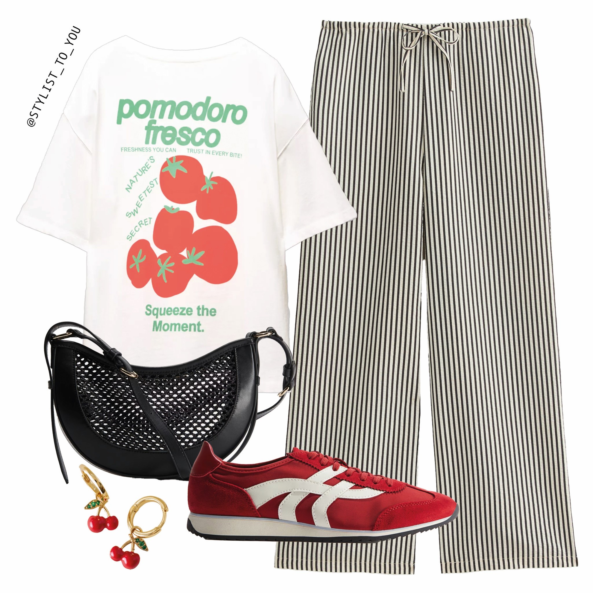 Does this count as 1 of my 5 a day? 😜🍅 

Flat lay of a stylish casual outfit including a white graphic t-shirt with tomato graphic print and the text “pomodoro fresco,” black and white vertically striped wide-leg pants, red retro trainers sneakers with white detailing, a black mesh crescent-shaped crossbody bag, and cherry-shaped hoop earrings. The outfit is vibrant, playful, and perfect for a trendy street style look. casual street style outfit, fruit graphic t-shirt, striped wide leg pants outfit, colourful trainers look, playful spring summer outfit, cool girl fashion aesthetic, Italian-inspired casual wear, cherry earrings accessories, fashion flatlay inspiration, trendy outfit for Instagram, comfy and cute outfit idea, quirky casual fashion, aesthetic everyday outfit, sporty chic streetwear, summer fashion 2025, fashion inspo with statement earrings, mesh crossbody bag style, casual outfit with sneakers, bold accessory outfit ideas, summer vibe outfit 2025. fruit fashion, casual outfit, street style, fashion collage, outfit inspiration, cool girl style, bold accessories, black crossbody bag, vintage vibes, playful outfit, spring look, quirky fashion, fun accessories, laid-back style, aesthetic outfit, colorful sneakers, fashion flatlay, Instagram outfit, outfit of the day, OOTD, trendy girl look, creative fashion, everyday outfit, cute casual style, outfit inspo, minimalist chic, statement earrings, sporty chic, Italian-inspired fashion

#LTKAprilSpotlight #LTKuk #LTKspring