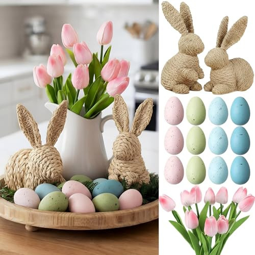 Dingion 28 Pcs Easter Table Centerpiece Spring Tray Decorations Includes 2 Rattan Bunnies, 16 Pastel Easter Eggs and 10 Pink Fake Tulip Florals for Tables Spring Indoor Home Decor | Amazon (US)