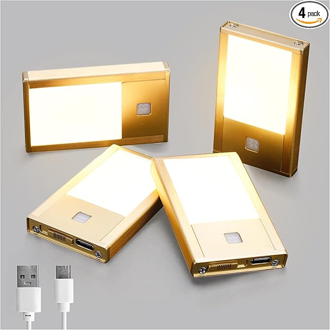 V4light Rechargeable Motion Sensor Night Lights, 4-Pack - Brushed Gold Aluminum Alloy, Ultra-Comp... | Amazon (US)