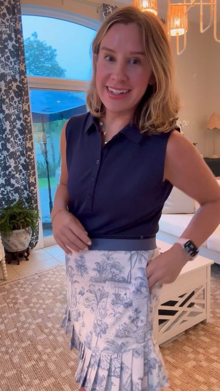 Easy summer outfit. I’m a sucker for a golf skort. Love the blue and white print on this. Wearing a large for both. Love the shoes! Super comfortable and great for walking. 

#LTKShoeCrush #LTKMidsize #LTKFitness