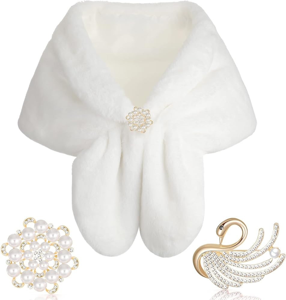Geyoga Faux Fur Shawl Wrap Stole Shrug Winter Bridal Wedding Scarf Wrap with Faux Pearl Rhinestone Brooches for Women 1920s | Amazon (US)