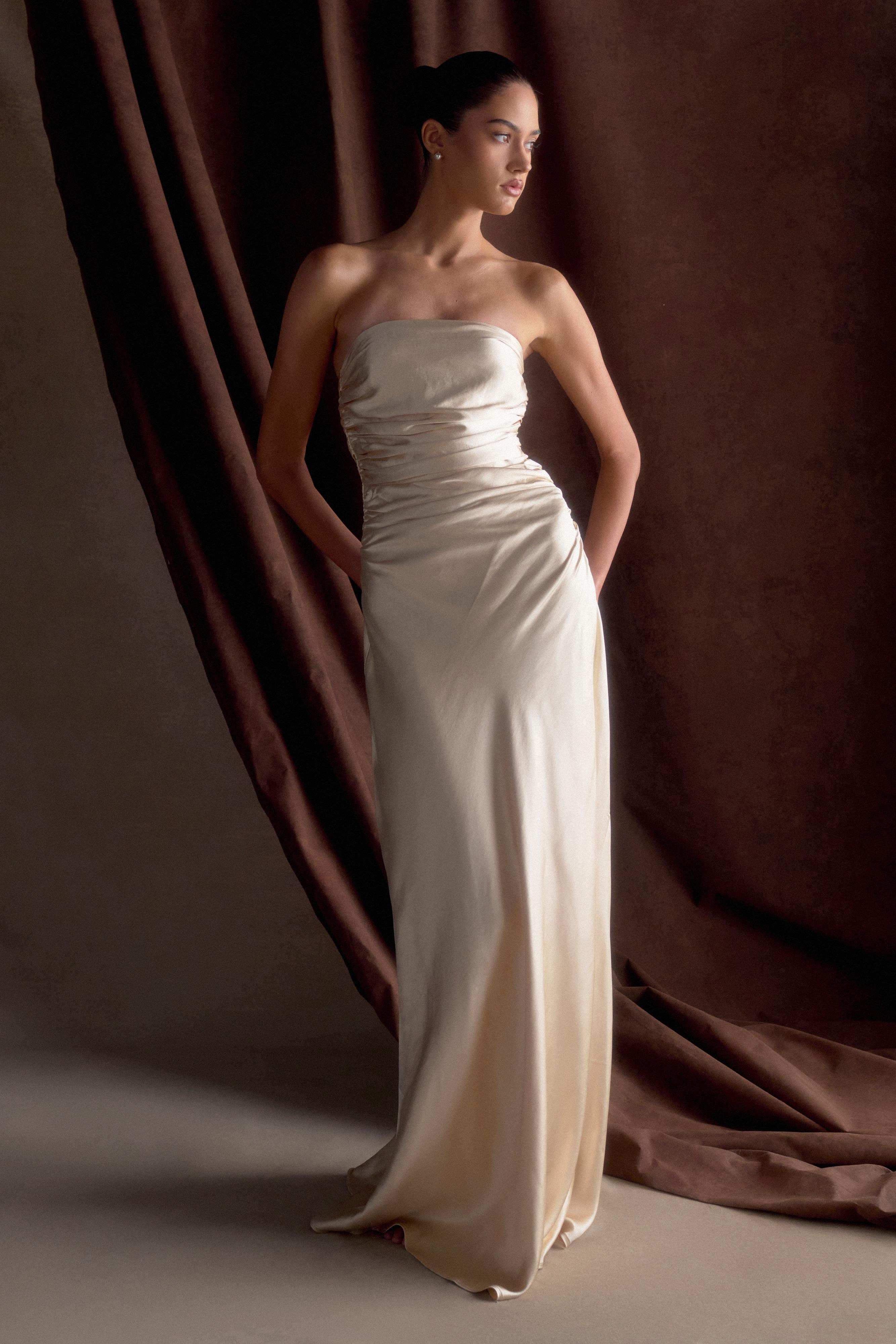 Cedar Strapless Satin Maxi Dress - Blush Gold | MESHKI US