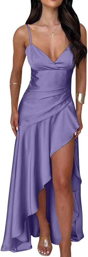 Memoriesea Women's Sexy Satin V Neck High Slit Ruffle Hem Party Evening Maxi Dress | Amazon (US)