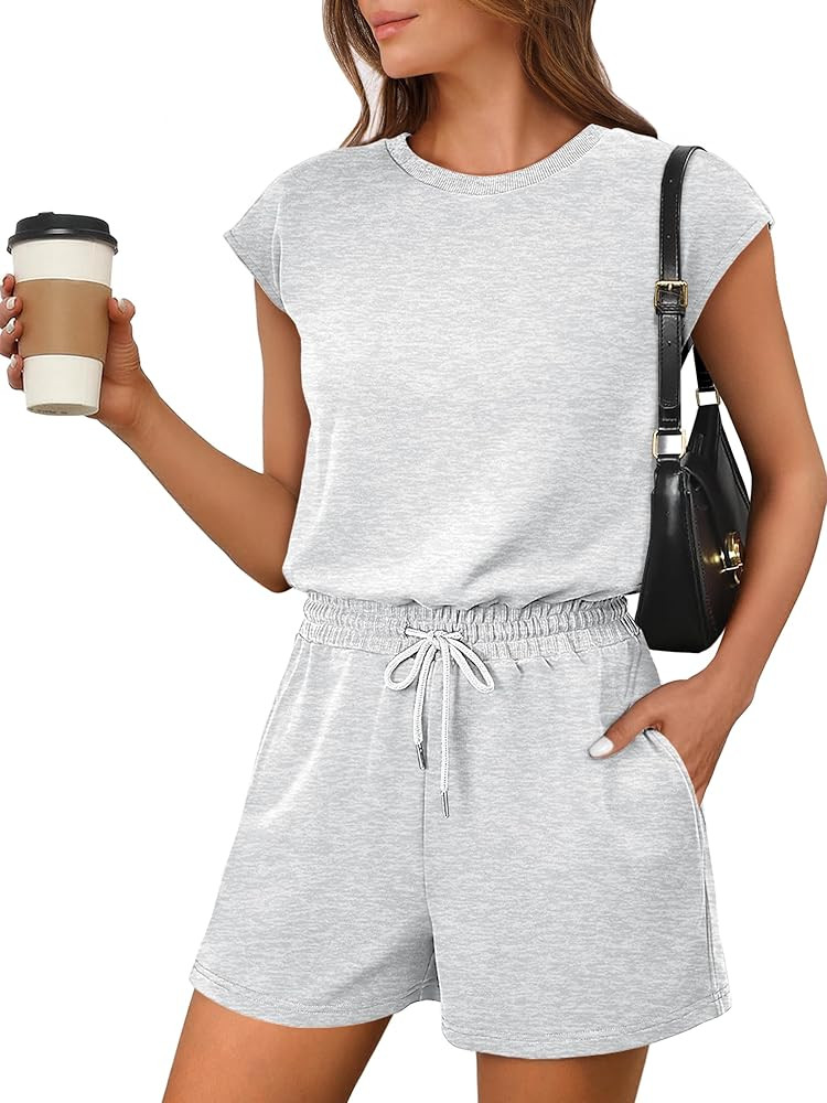 ANRABESS Rompers for Women Summer 2025 Casual Cap Sleeve Crewneck Drawstring One Piece Jumpsuit O... | Amazon (US)
